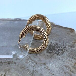 Gold Vermeil Sterling Silver 925 0.90" Twisted Rope Hollow Hoop Earrings Hinged